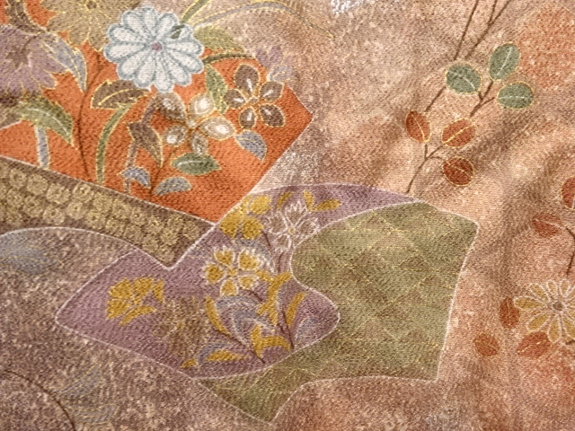  籠目に秋草模様二部式小紋着物